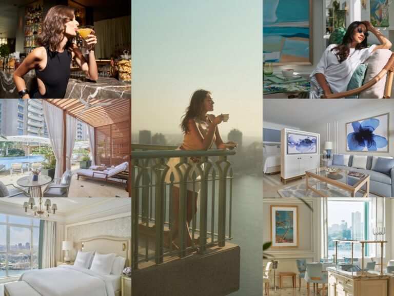 Collage of luxury hotel lifestyle scenes: bar, balcony views, and stylish suites with cityscape backdrop