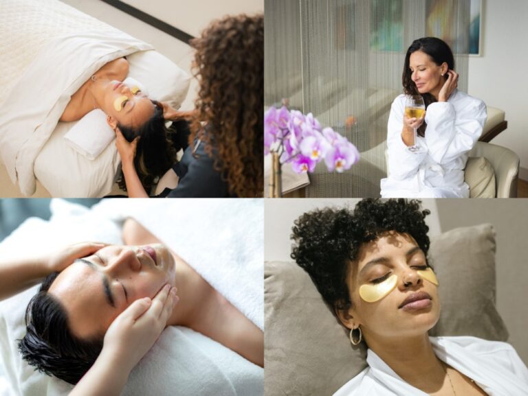 Woman receiving a facial with cucumber slices on her eyes, lying on a spa bed in soft lighting.
