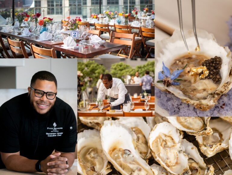 Collage of a fine-dining event: flower-adorned tables, a chef smiling for the camera, and a server plating oysters.