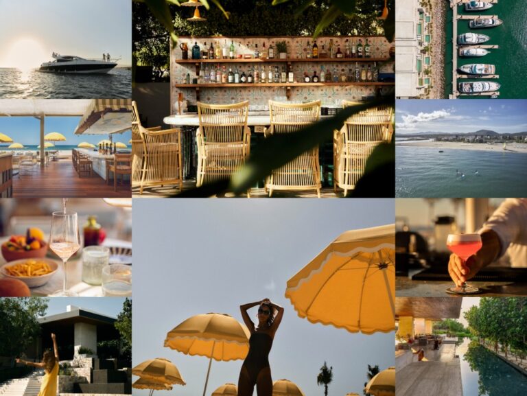Collage of beach and bar scenes: yacht at sunset, outdoor bar with wicker chairs, marina, beach dining under umbrellas, cocktails, and sunbathing under umbrellas.