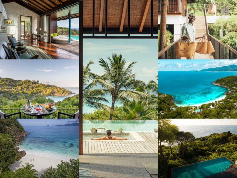 Collage of tropical resort scenes: villa interior, ocean view, palm trees, pool, and a man carrying shopping bags.
