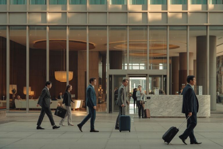 Business travelers walk with rolling suitcases past a glass-front hotel lobby, heading outdoors on a sunny day.