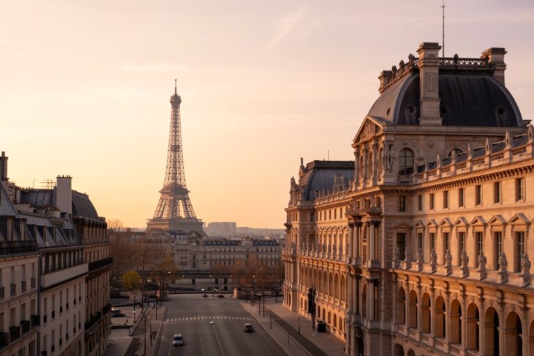 Sunset over Paris with the Eiffel Tower in distance and a grand historic building on the right, a quiet street in the foreground.