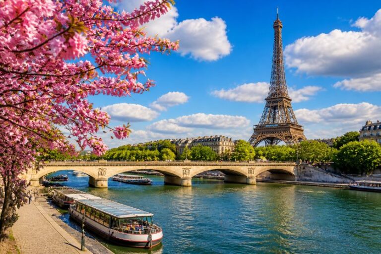 Cherry blossoms along the Seine with a stone arched bridge, riverboats, and the Eiffel Tower rising in the distance on a bright day.