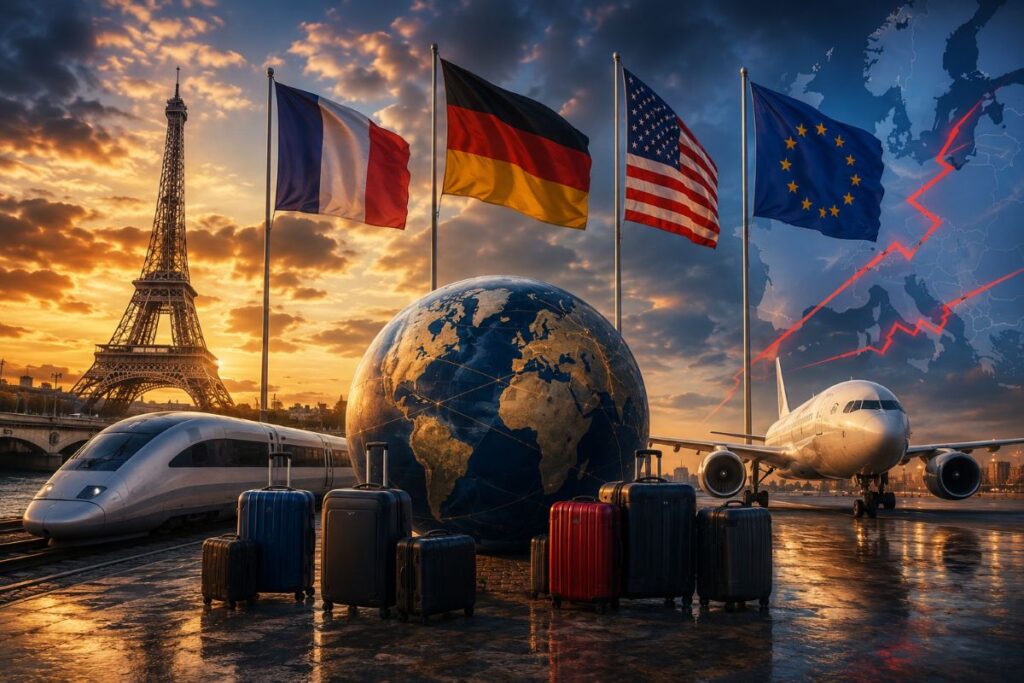 Global travel scene with the Eiffel Tower, flags of France, Germany, USA, and EU, a globe, plane, and suitcases at sunset.