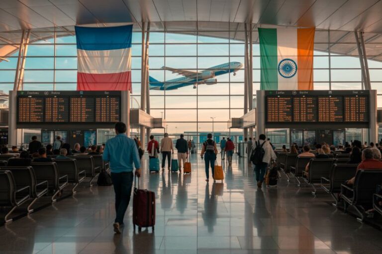Passengers with rolling suitcases walk toward a plane taking off, inside a bright airport terminal with large windows and flags overhead (France and India).