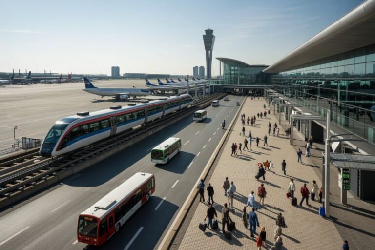 Busy airport scene with a high-speed train at the platform and buses on the roadway beside a glass-front terminal filled with pedestrians.