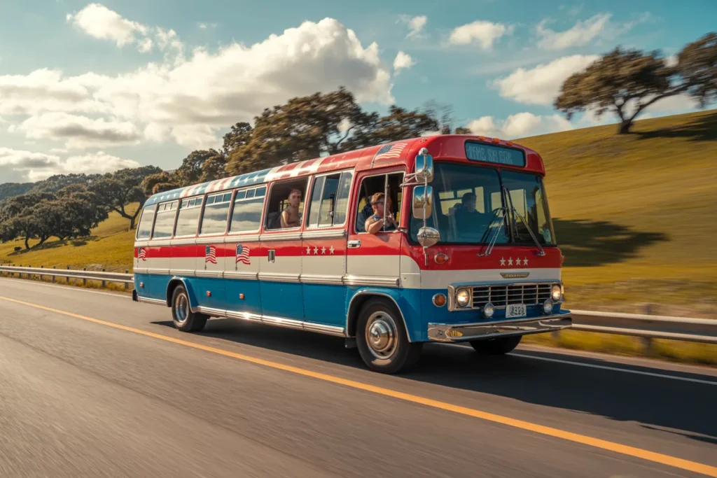 Vintage red, white, and blue bus traveling on a sunny rural highway with passengers looking out the windows, trees in the background.4fa? (concise alt: longer)