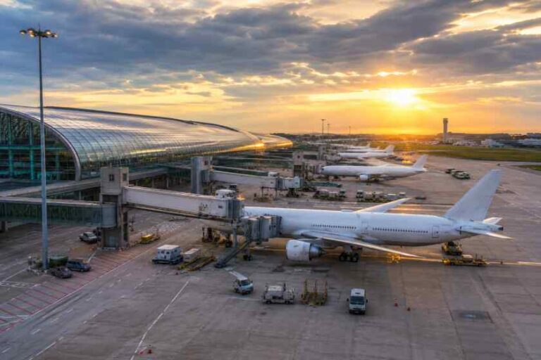Airplanes parked at jet bridges beside a glass terminal at sunset, with service vehicles on the tarmac.
