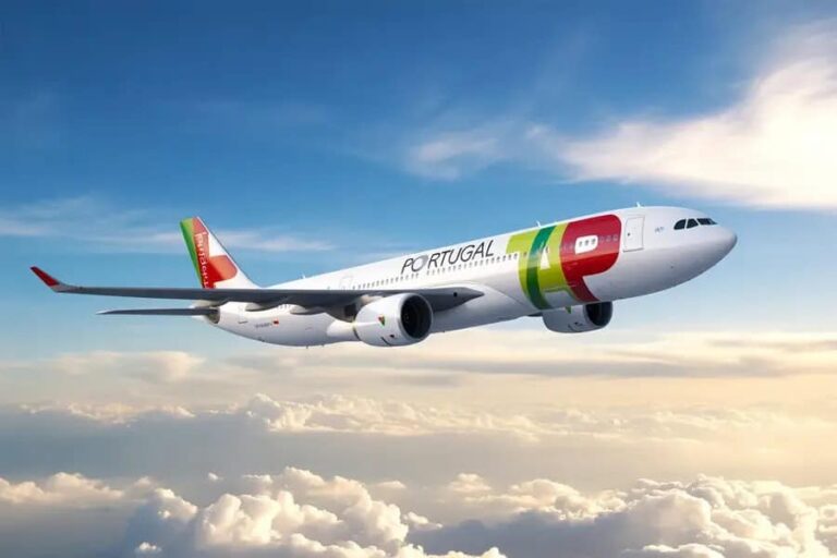 Commercial airplane of a Portuguese airline in colorful livery flying above the clouds