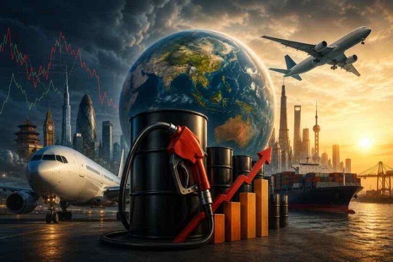 Global energy market collage showing oil barrels, gas pump, rising chart, and world map with airplanes and ships illustrating rising fuel prices and trade.