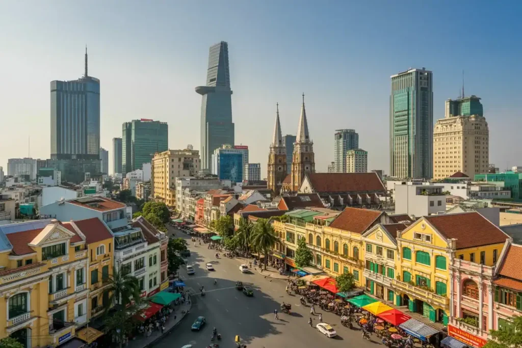 Bustling Ho Chi Minh City street lined with colorful colonial buildings, with a modern skyline in the distance.
