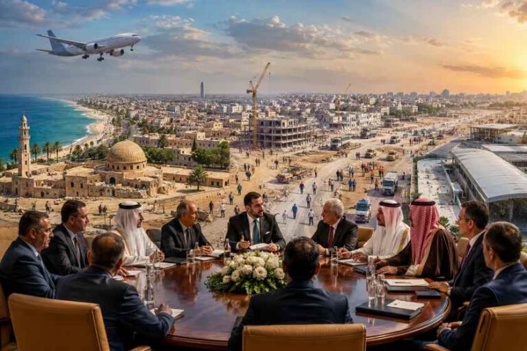 Group of diverse officials and executives sit around a polished round table, discussing amid a cityscape with a coastline, construction cranes, and an airplane overhead at sunset.