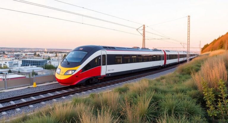 Modern passenger train with white, red, and yellow livery on an elevated track at sunset, urban skyline in the distance.