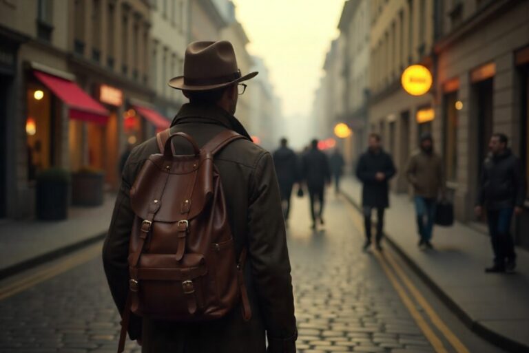 Back of a person with a brown leather backpack and hat walking down a cobblestone city street as pedestrians pass by ahead on a foggy evening.