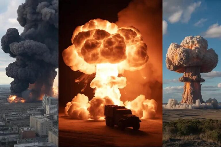 Triptych showing nuclear explosions: left—city skyline with dark mushroom cloud rising, center—bright mushroom cloud with a vehicle nearby, right—mushroom cloud over a desert landscape