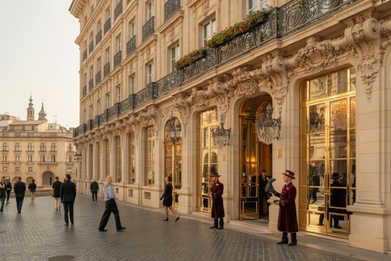 Ornate hotel facade with gold-framed doors and two guards in red coats at the entrance; pedestrians on a cobblestone street.