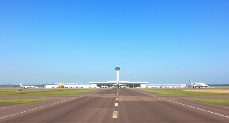 Runway toward airport terminal with control tower in distance and planes on both sides under a clear blue sky a sunny day at the airport.