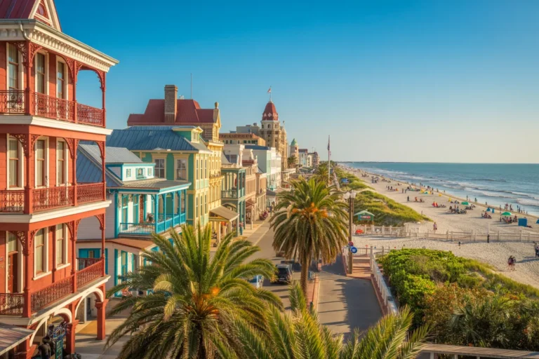 Colorful row of Victorian houses along a sunny coastal street with palm trees and a sandy beach beyond the promenade.