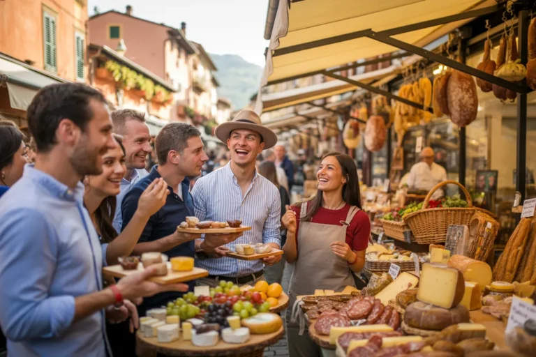 Group of friends at an outdoor market sampling cheese and charcuterie near a stall with baskets and produce