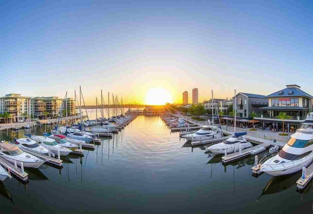 Sunset over a marina with rows of yachts and sailboats docked along both sides, water calmly reflecting the sky and boats.
