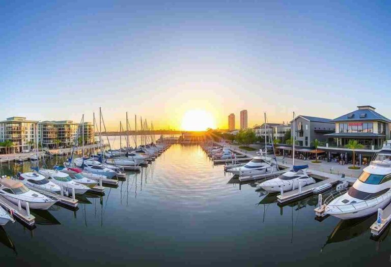 Sunset over a marina with rows of yachts and sailboats docked along both sides, water calmly reflecting the sky and boats.