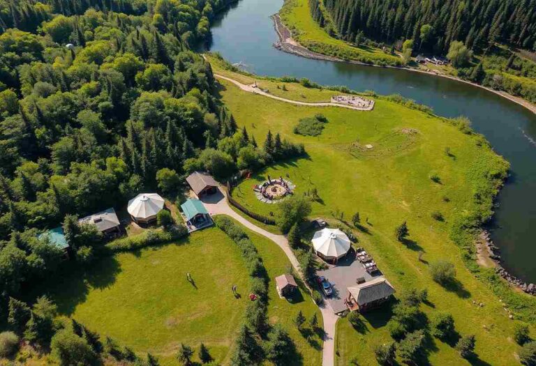 Aerial view of a lakeside campsite with white tents, a circular fire pit, and a winding river edged by green fields and trees.