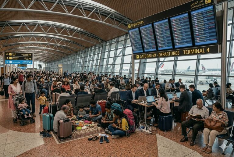 Crowded airport departures area with travelers, luggage, and a large departures board overhead.