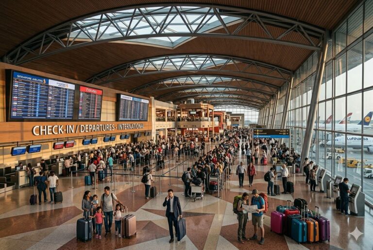 Busy international airport check-in and departures hall with large screens, queues, and travelers with suitcases.