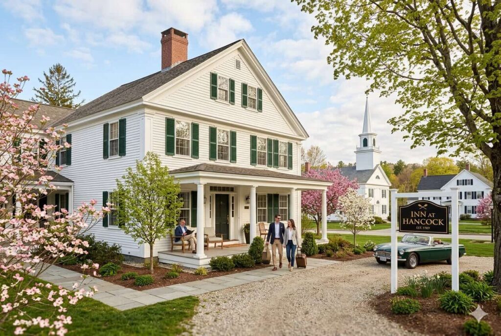 White two-story inn with green shutters and a wraparound porch, as a couple with suitcases approaches the entrance on a gravel driveway.