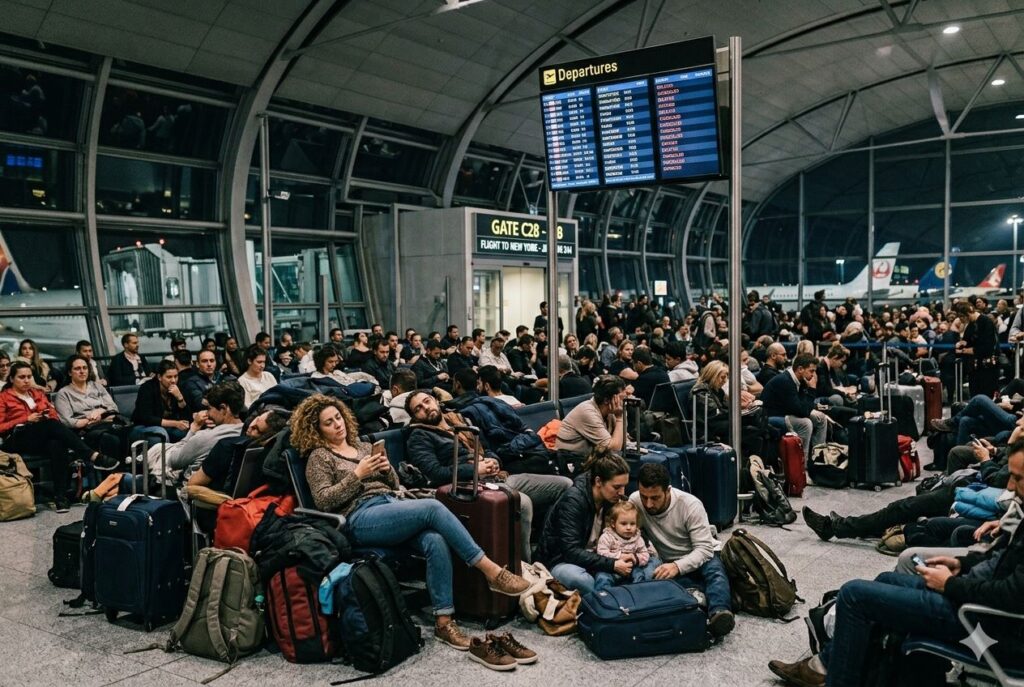 Crowded airport terminal with travelers seated and many suitcases, a departures board overhead.”