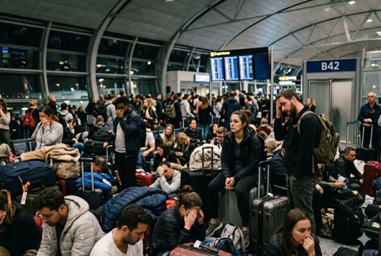 Crowded airport terminal with travelers sitting and standing among many suitcases and bags at a gate area in the evening.",