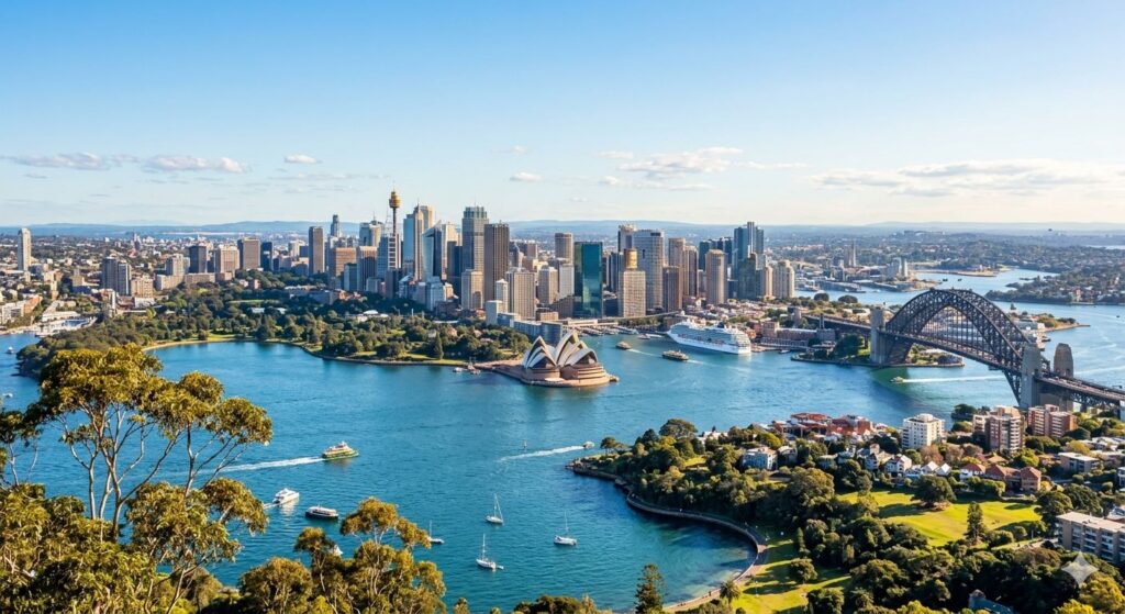 Aerial view of Sydney harbor with the Opera House and Harbour Bridge against a downtown skyline of high-rise buildings.
