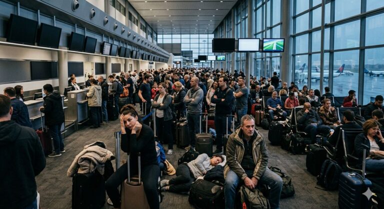 Crowded airport check-in area with long lines and luggage scattered on the floor near counters and glass walls outside the terminal window edge.