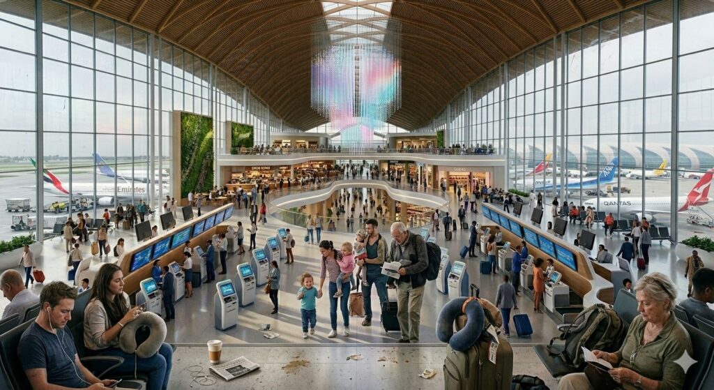 Busy airport terminal with self-check-in kiosks, passengers, and planes visible through glass walls.