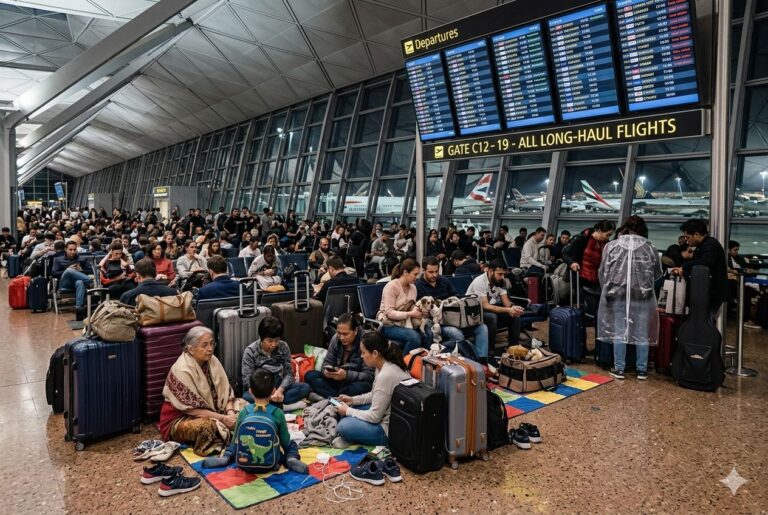 Crowded airport departure hall with travelers seated among numerous suitcases and bags under a large departures board.