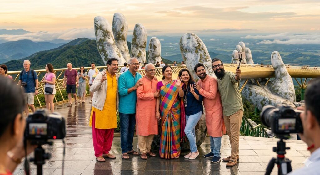 Group of friends posing for a selfie on a viewing deck, with a man using a selfie stick and giant stone hands behind them at sunset.