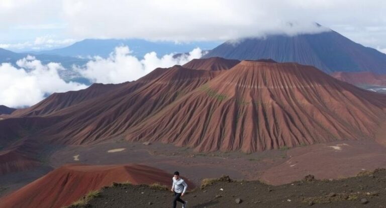 Hiker standing on dark volcanic soil overlooking red ridges of a crater with clouds and distant mountains in the background.