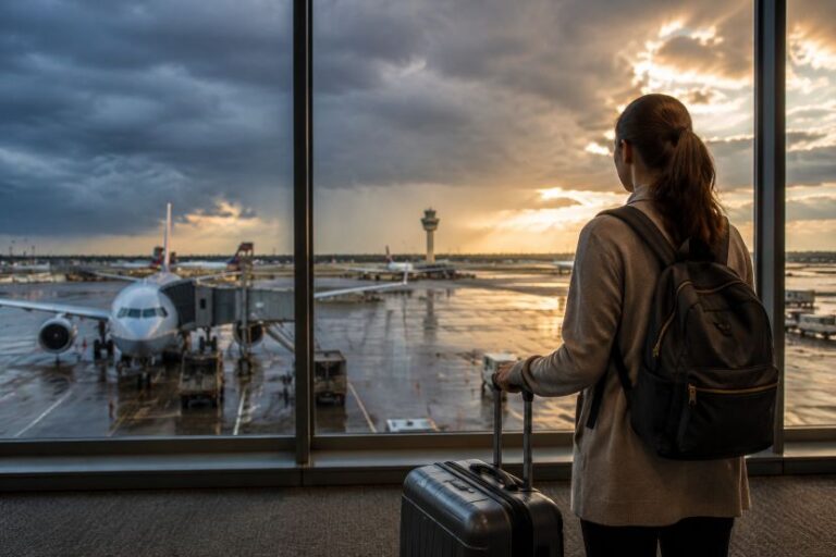 Woman with a backpack and roller suitcase gazes out at a wet airport tarmac with planes at sunset.