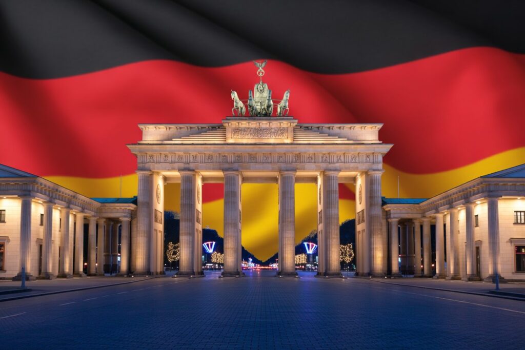 Brandenburg Gate illuminated at night with a giant German flag waving in the background behind the monument.