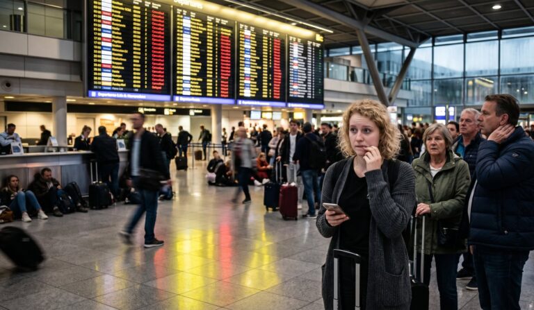 Woman in a gray cardigan with a suitcase at a busy airport terminal, looking at her phone while departure boards loom above the crowd.