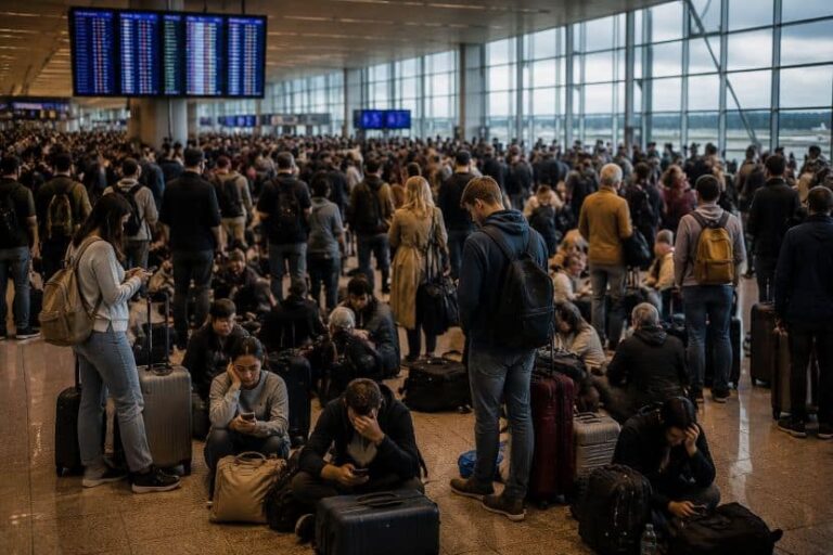 Crowded airport terminal with travelers and rolling suitcases under large windows and departure boards overhead, waiting for flights.
