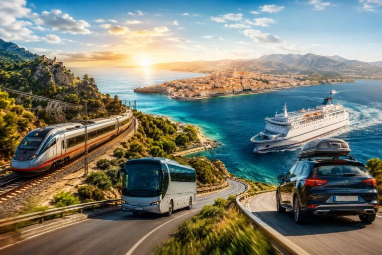 Winding coastal road with a high-speed train on tracks to the left, a white bus, and a car with a roof box, as a cruise ship sails in turquoise bay near a sunlit town.