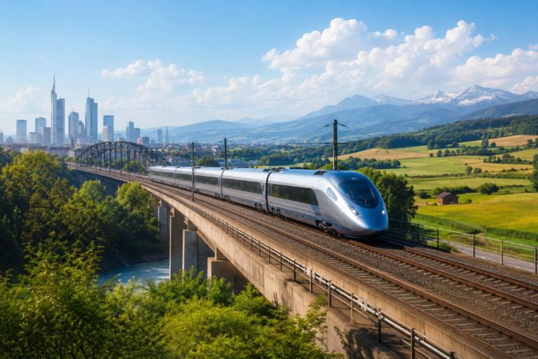 High-speed silver train on a bridge over a river, with green fields, distant city skyline, and mountains beneath a blue sky.