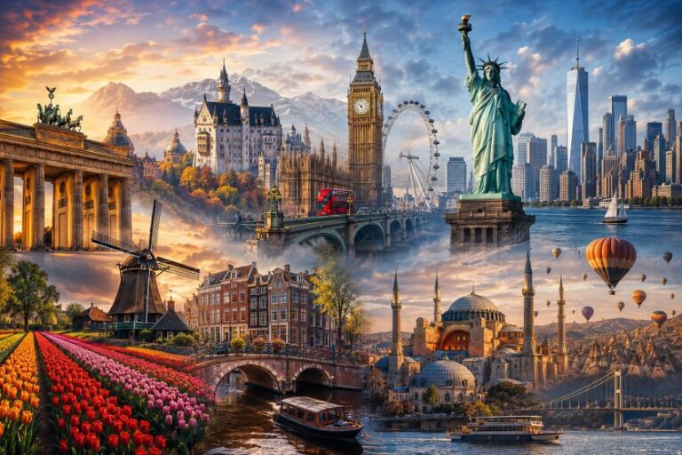 Collage of famous world landmarks: Big Ben, Statue of Liberty, London Eye, windmills, tulip fields, mosques, bridges, and a river boat.