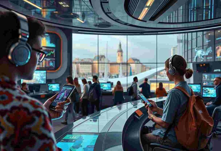 People using tablets in a futuristic control room with a city view through a large curved window; everyone wears headphones and works at screens.
