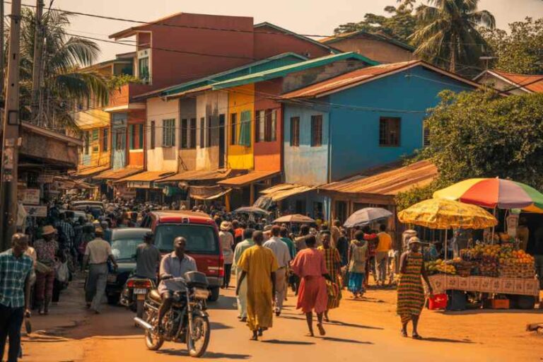 Bustling street market scene with colorful buildings, pedestrians, and stalls under umbrellas along a sunlit road.