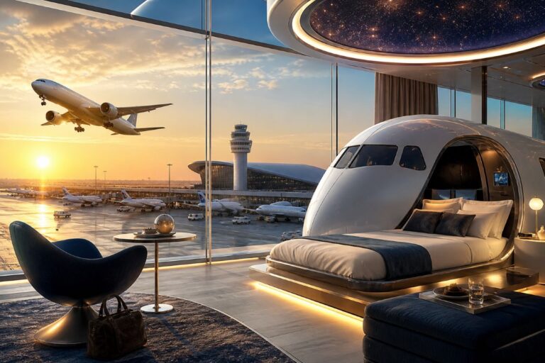 Luxurious hotel bedroom with floor-to-ceiling windows viewing an airport at sunset, planes on the tarmac and a parked jet.