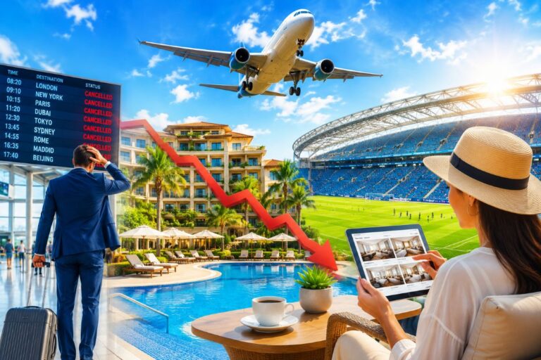 Business traveler at an airport with a flight board showing 'CANCELLED' flights and a red downward arrow over a resort and stadium backdrop.
