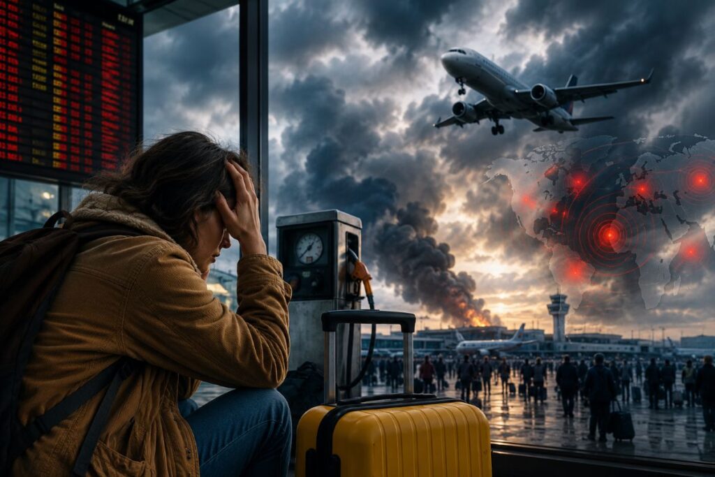 An anxious woman sits at an airport gate with a yellow suitcase, smoke rising outside as a plane flies overhead and a red-hotspot world map overlays the scene (crisis context).